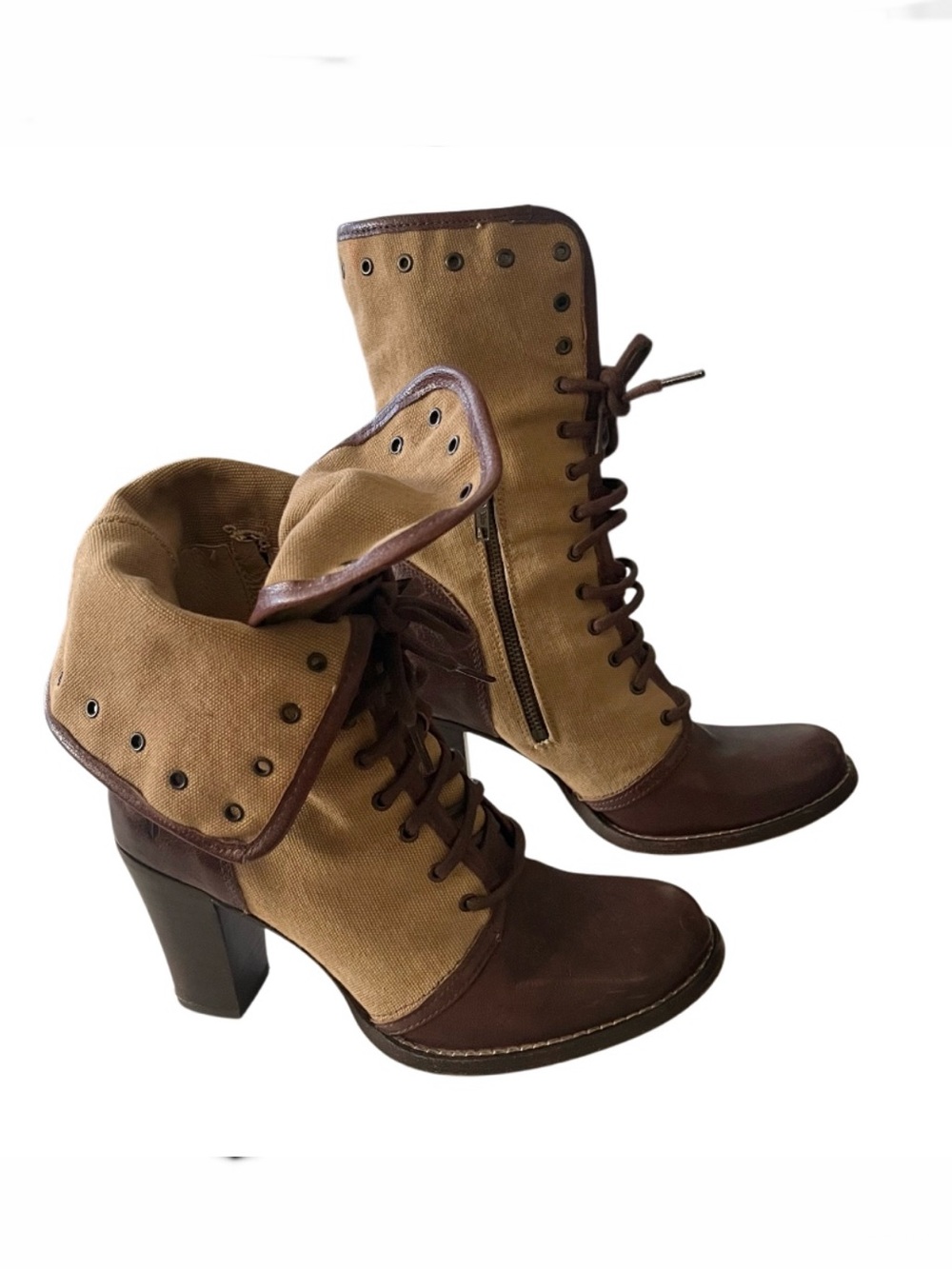 FRYE Canvas & Leather Lace Up Heeled Foldover Boots Womens Size 8.5 B Brown Tan